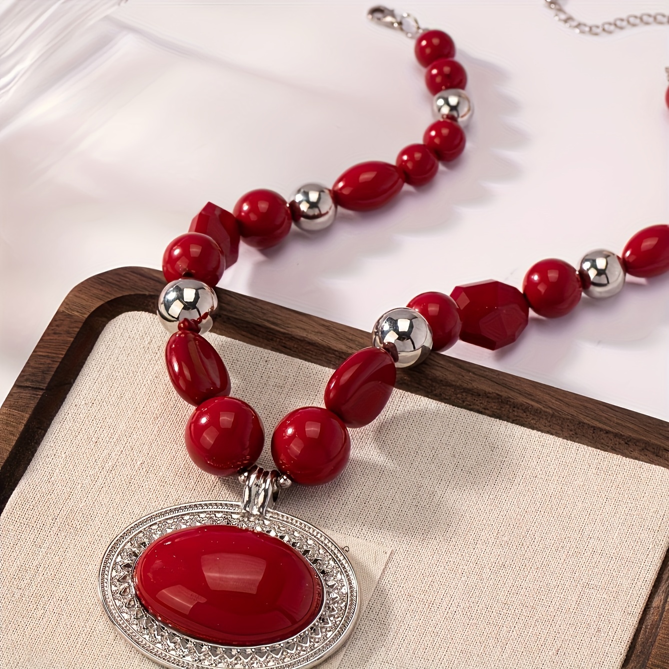 Women's Red Bead Pendant Necklace